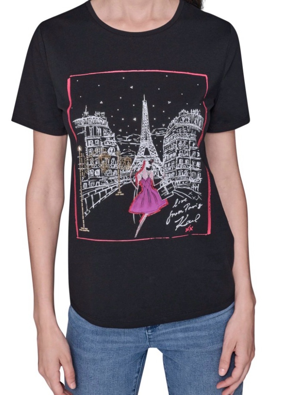 Karl Lagerfeld Black Tee with Pink Graphic Paris Scene